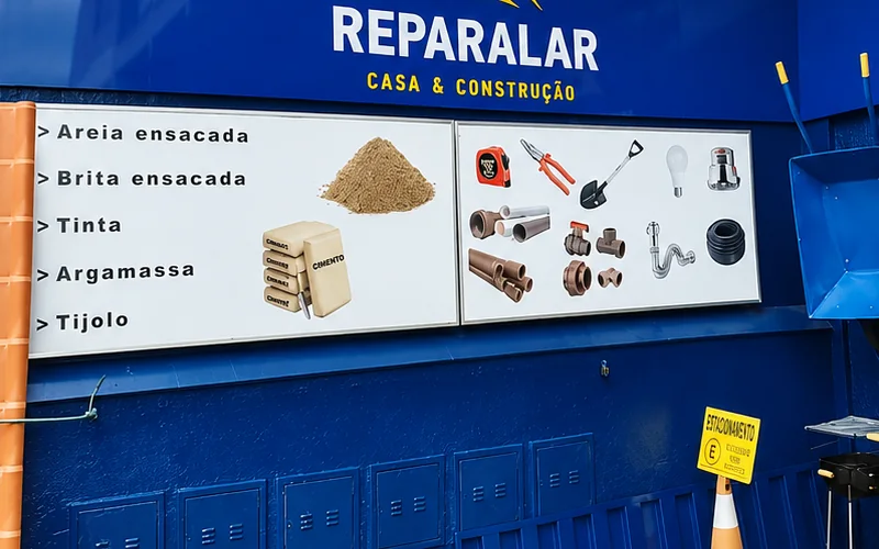 Placa do depósito com areia ensacada, brita, tinta, argamassa e tijolo