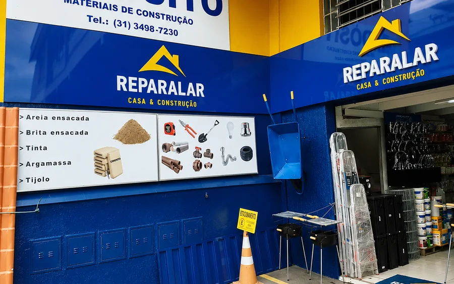 Fachada do depósito da Reparalar Casa & Construção no bairro Ouro Preto, em Belo Horizonte